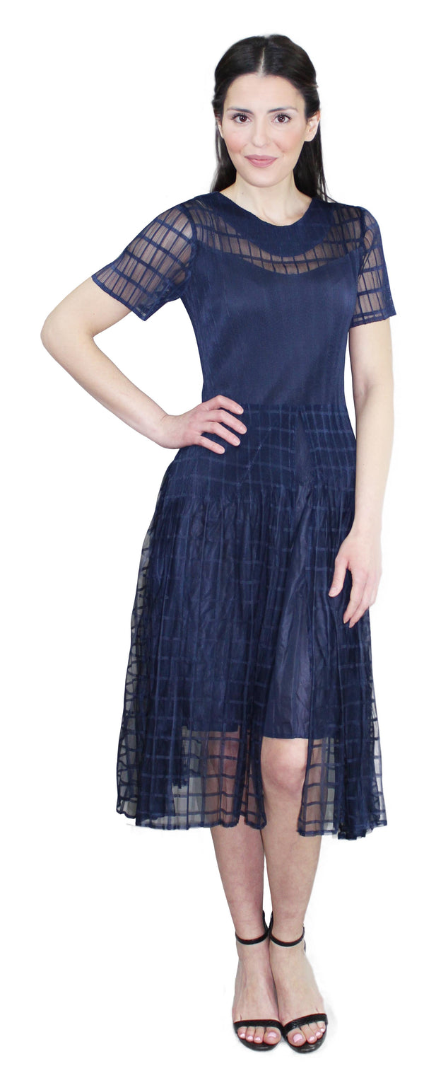 Short Sleeve Illusion Crinkle Dress - Navy DR785